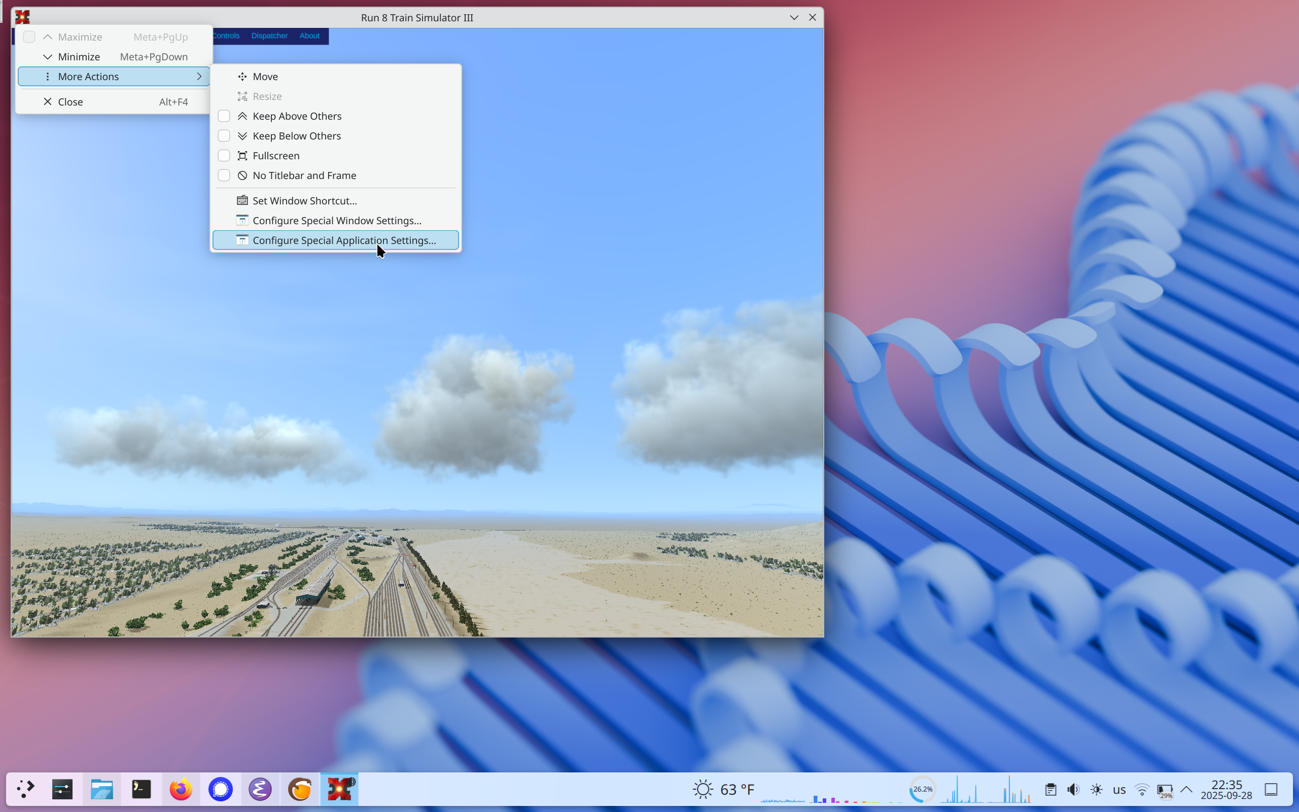 KDE special application settings menu dropdown