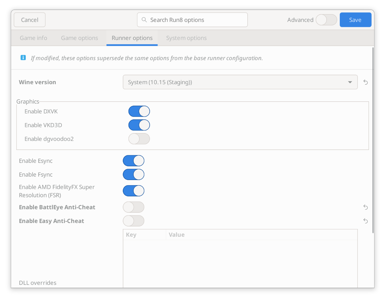 Lutris runner options with system Wine