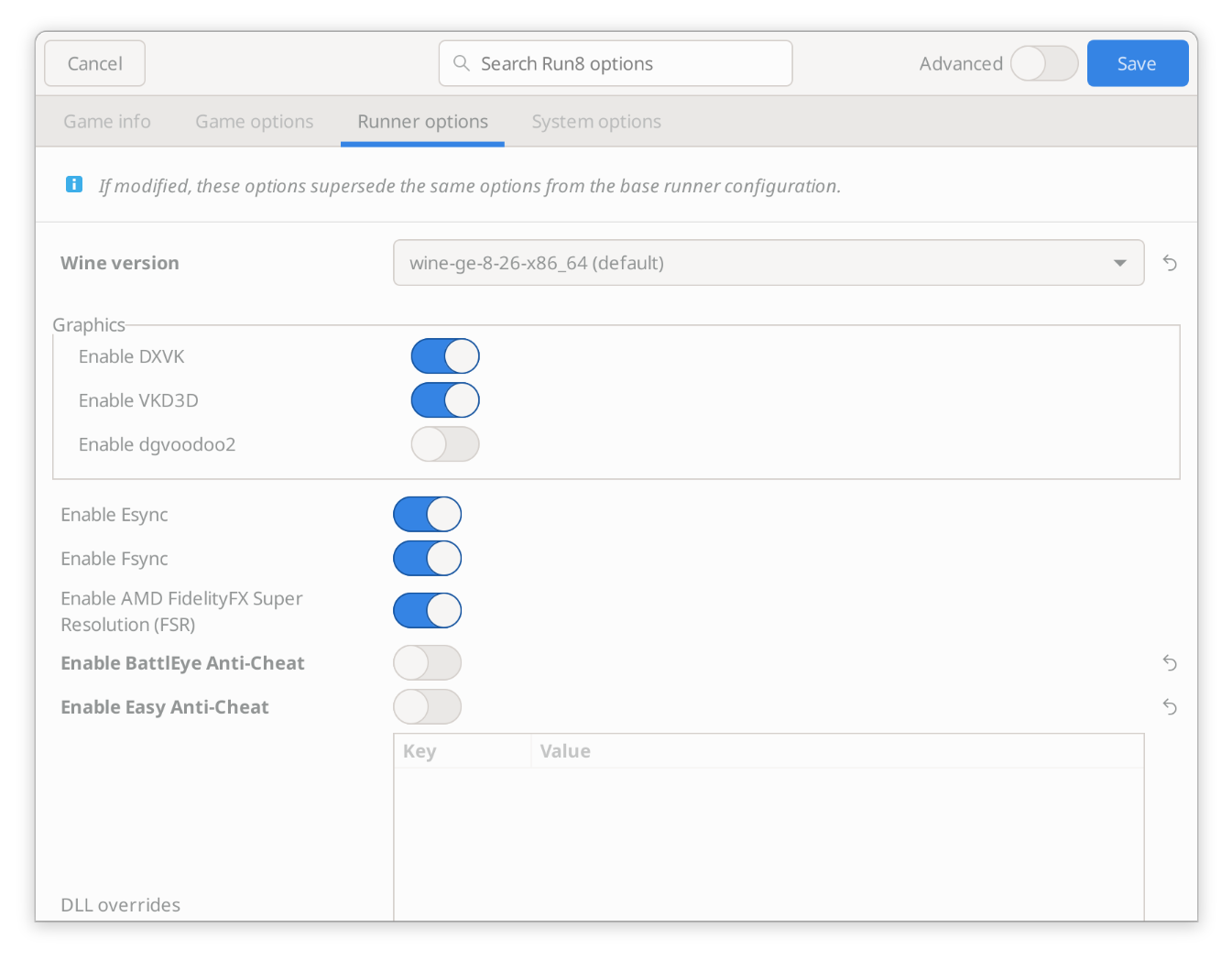 Lutris runner options with bundled Wine